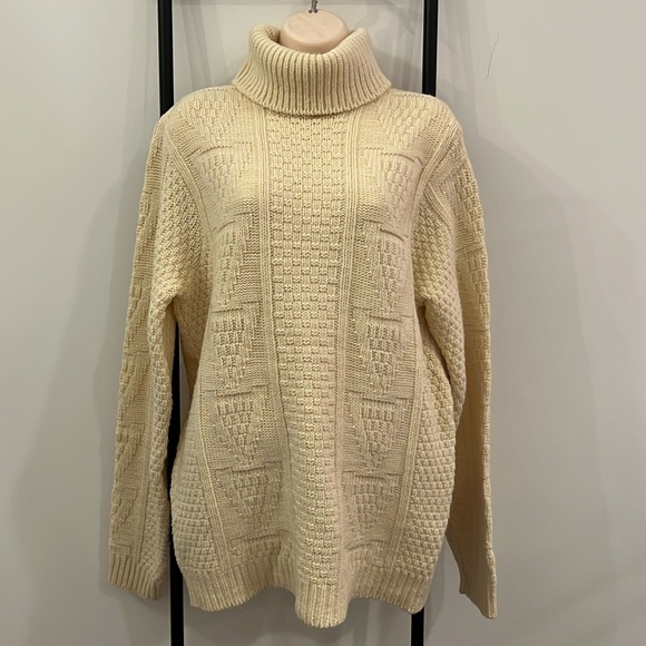 Vintage 60s Style Store Cream Cable Knit Fisherman Turtleneck Sweater Men’s